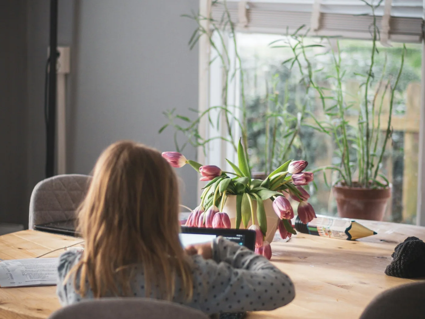 A child working at a table beside a bright window filled with plants